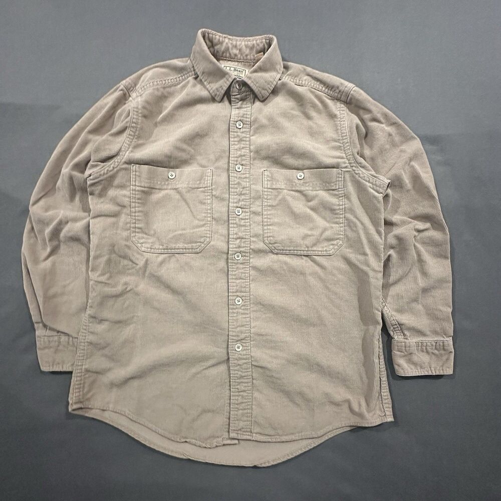 Vintage 80s LL Bean Corduroy Field Shirt Mens M Tan Cotton Made in USA Button